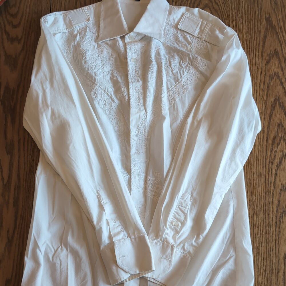 Lanzino Mens White Floral Button-Up Shirt Cotton Long Sleeve M